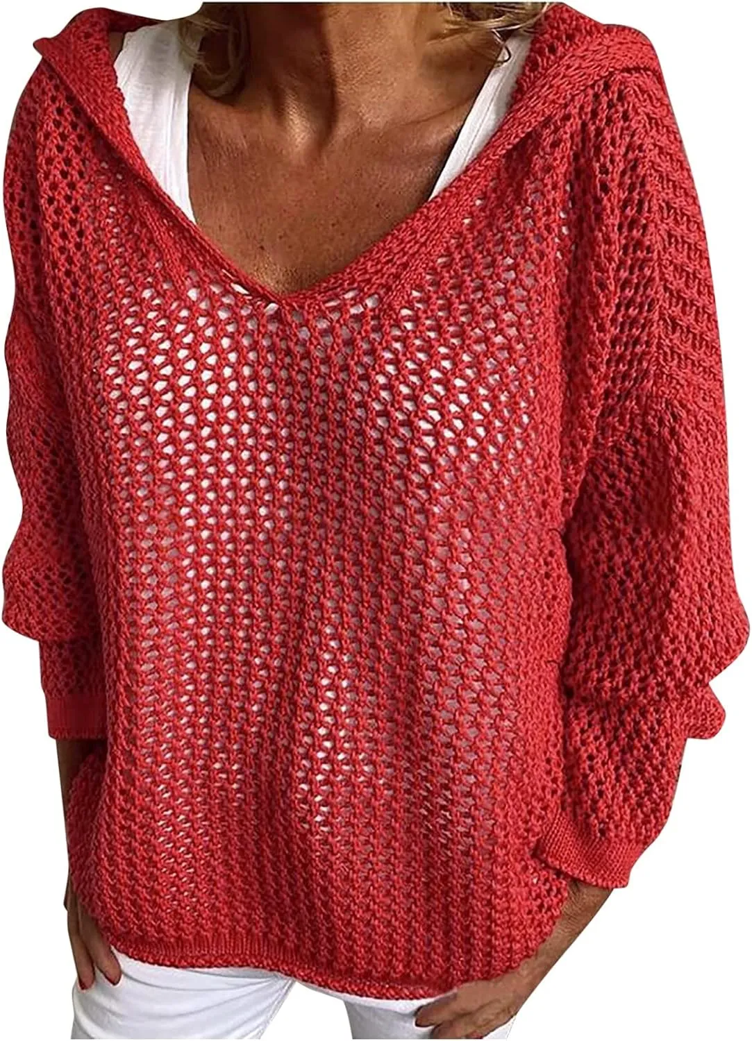 Womens See Through Sweaters Fashion Hollow Out Mesh Hoodies Lightweight Breathable Long Sleeve Crewneck Pullover Tops