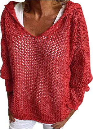 Womens See Through Sweaters Fashion Hollow Out Mesh Hoodies Lightweight Breathable Long Sleeve Crewneck Pullover Tops