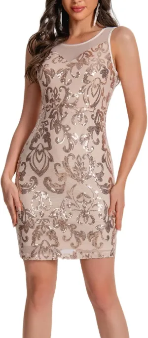 Womens Sequin Embroidered Bodycon Dresses Glitter Shiny Sleeveless Mini Dresses V Neck Glitter Party Night Club Dress