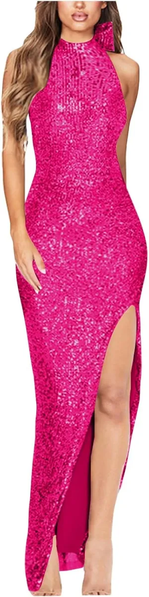 Women's Sexy Bow Halter Sequin Dress Sparkly High Slit Bodycon Backless Maxi Birthday Party Cocktail Dresses Prom Gown