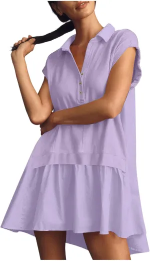 Women's Short Sleeve Button Up Sun Dress Simple Solid Color Beach Dress Loose Casual Trendy Summer Dresses