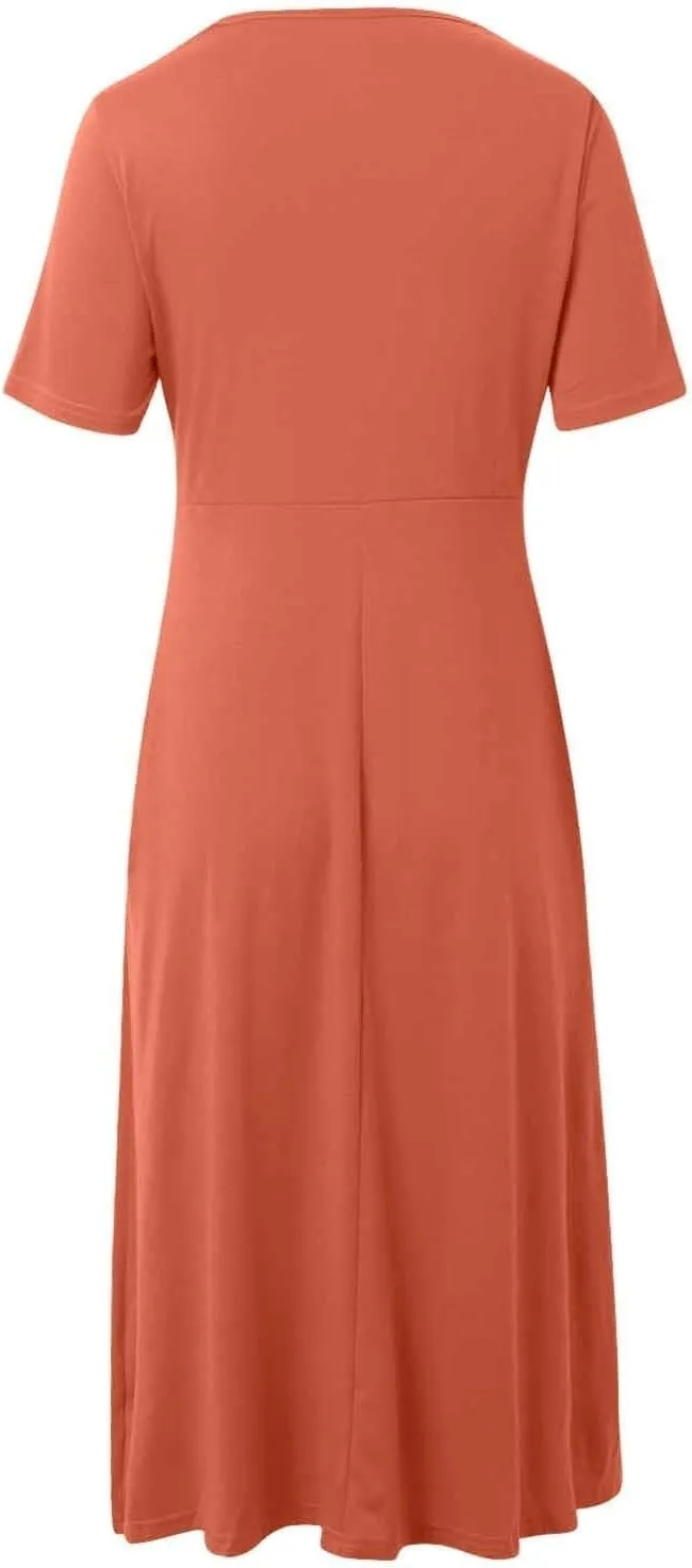 Womens Short Sleeve Dress Summer V Neck Front Cross Short Sleeve Maxi Dresses Casul Flowy Loose Fit Beach Sundress