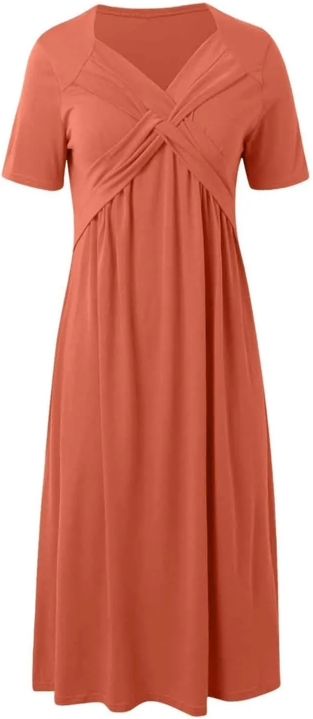 Womens Short Sleeve Dress Summer V Neck Front Cross Short Sleeve Maxi Dresses Casul Flowy Loose Fit Beach Sundress