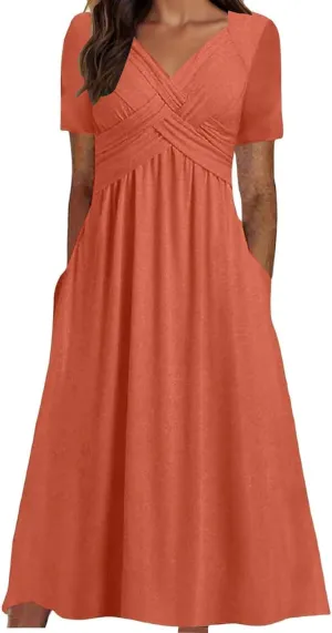 Womens Short Sleeve Dress Summer V Neck Front Cross Short Sleeve Maxi Dresses Casul Flowy Loose Fit Beach Sundress