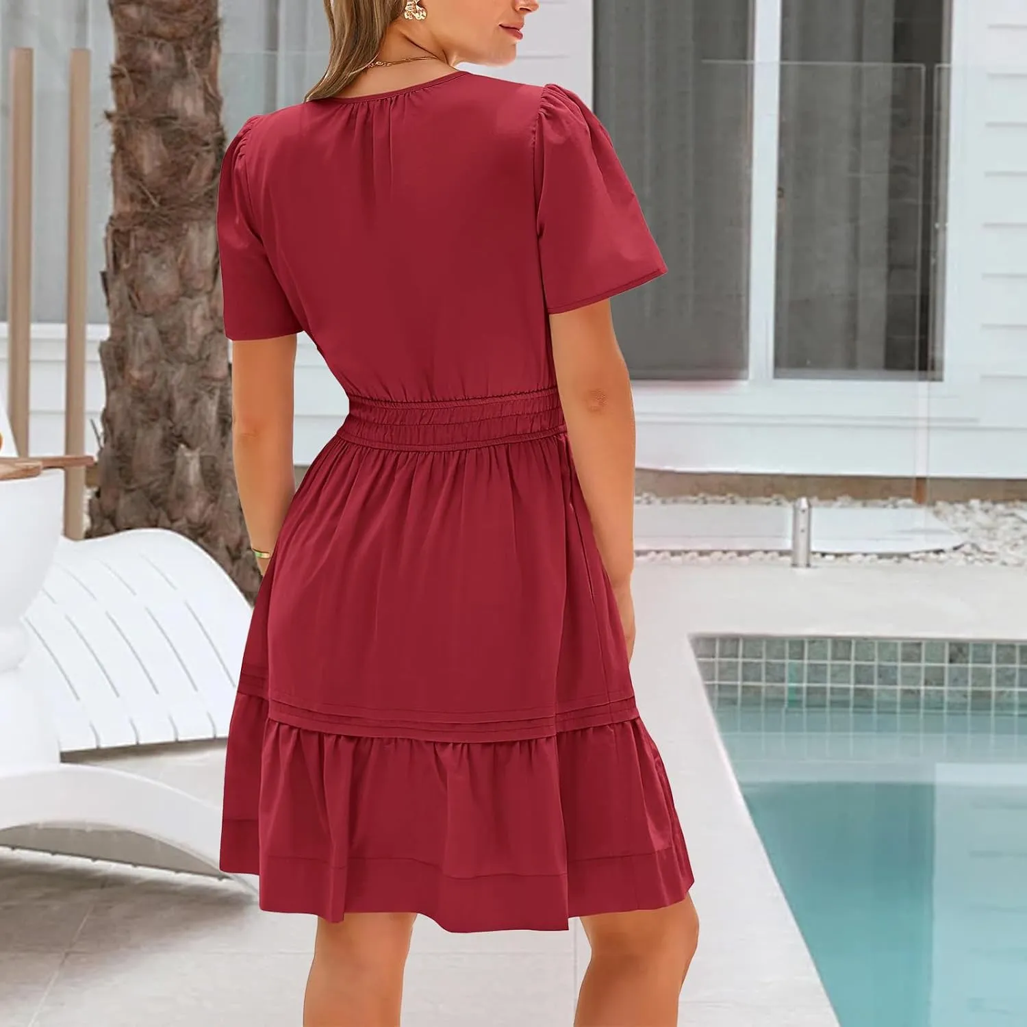 Womens Short Sleeve Dresses Summer Flowy V Neck Midi Dress Casual High Waist Tunic Pleated Ruffle Hem Beach Sundress