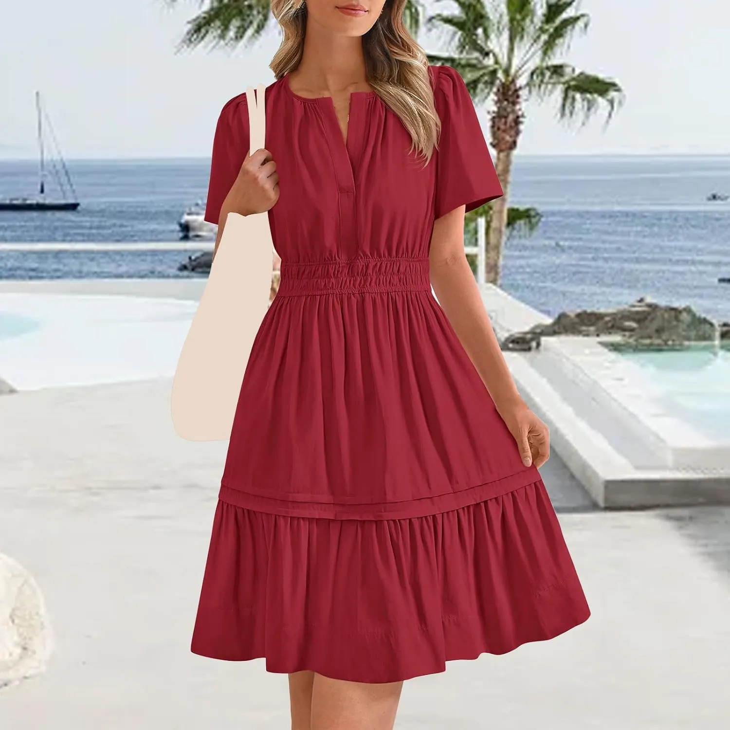 Womens Short Sleeve Dresses Summer Flowy V Neck Midi Dress Casual High Waist Tunic Pleated Ruffle Hem Beach Sundress