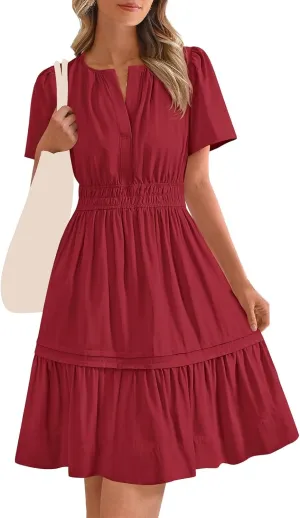 Womens Short Sleeve Dresses Summer Flowy V Neck Midi Dress Casual High Waist Tunic Pleated Ruffle Hem Beach Sundress