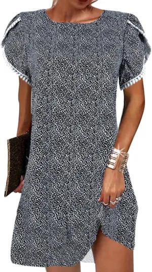 Womens Short Sleeve Tshirt Dress Summer Casual Crewneck Lace Trim Tunic Dress Loose Fit Floral Flowy Beach Sundress