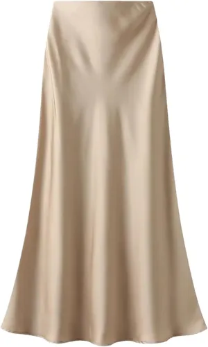Women's Silk Satin Midi Skirts High Waist Elastic Vintage Maxi Skirts Loose A Line Skirt