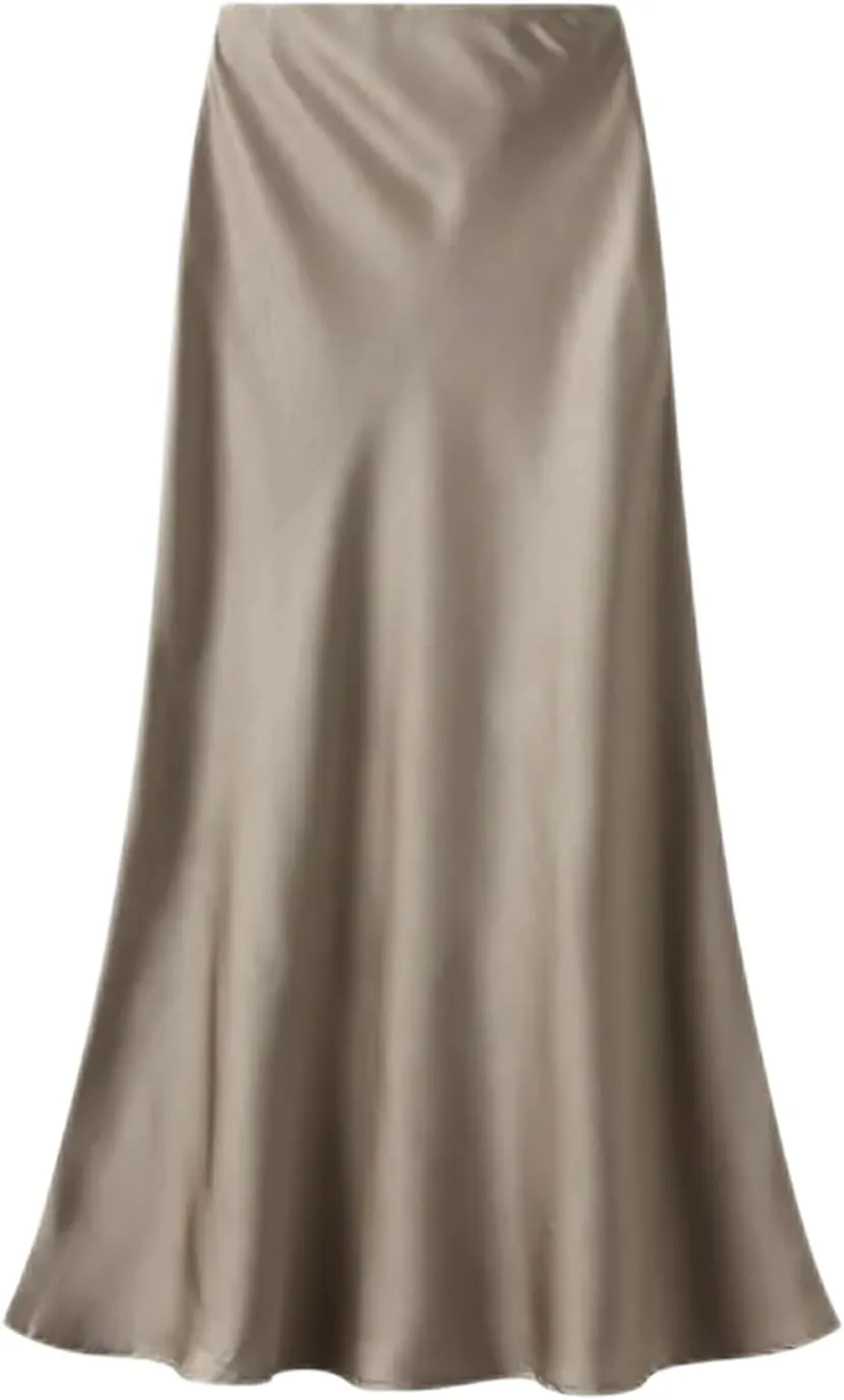 Women's Silk Satin Midi Skirts High Waist Elastic Vintage Maxi Skirts Loose A Line Skirt