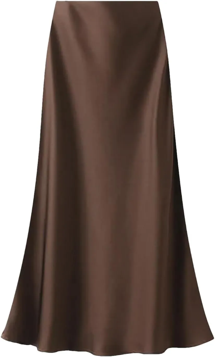 Women's Silk Satin Midi Skirts High Waist Elastic Vintage Maxi Skirts Loose A Line Skirt