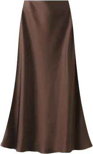 Women's Silk Satin Midi Skirts High Waist Elastic Vintage Maxi Skirts Loose A Line Skirt