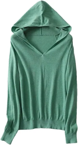 Women's Silk with Cashmere Hoodies Fall Winter Basic Warm Sweater Long Sleeve Knitted Hooded Pullover
