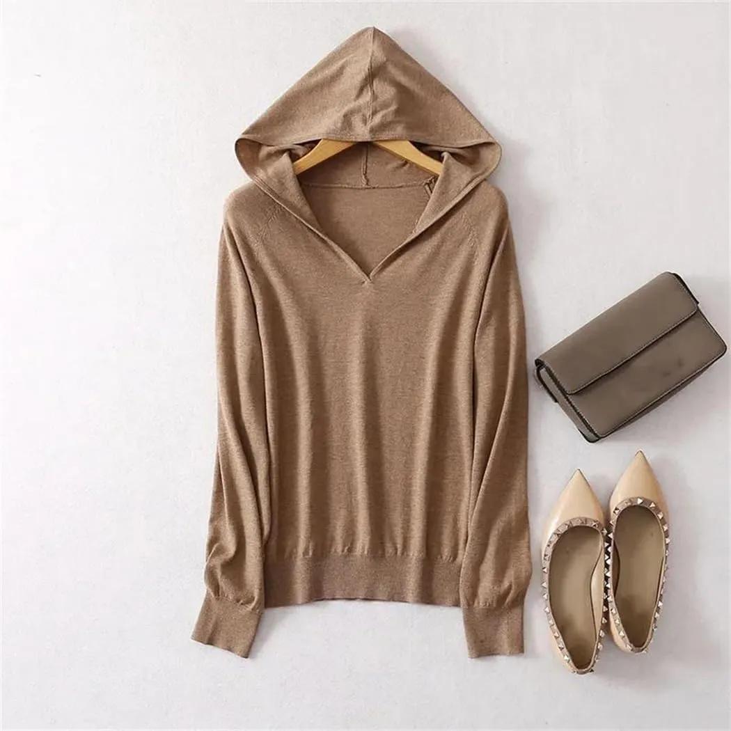 Women's Silk with Cashmere Hoodies Fall Winter Basic Warm Sweater Long Sleeve Knitted Hooded Pullover