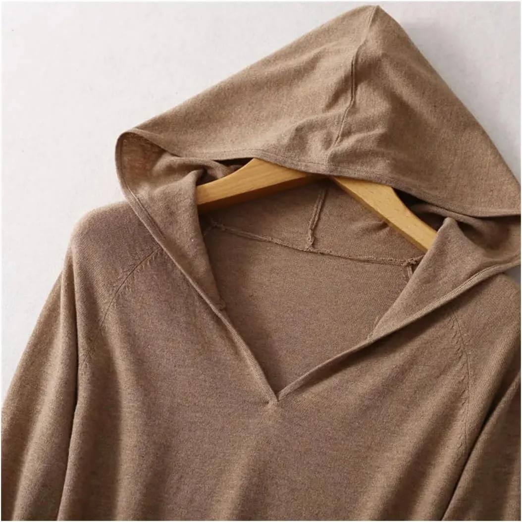 Women's Silk with Cashmere Hoodies Fall Winter Basic Warm Sweater Long Sleeve Knitted Hooded Pullover