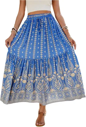 Women's Skirts,Formal Wrap Drawstring Tiered Long Boho Skirt Spring Summer Flowy Maxi Skirts for Women 2025 Trendy