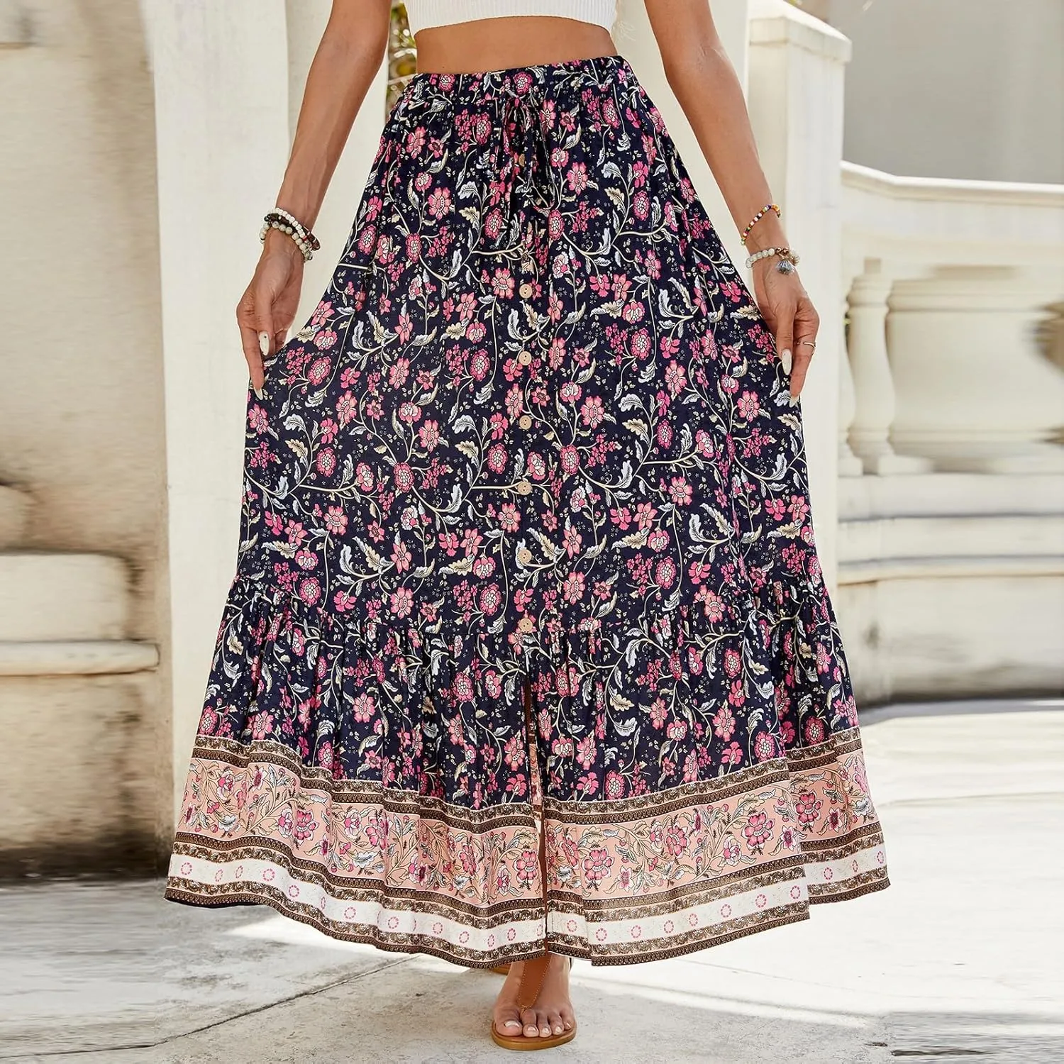 Women's Skirts,Formal Wrap Drawstring Tiered Long Boho Skirt Spring Summer Flowy Maxi Skirts for Women 2025 Trendy