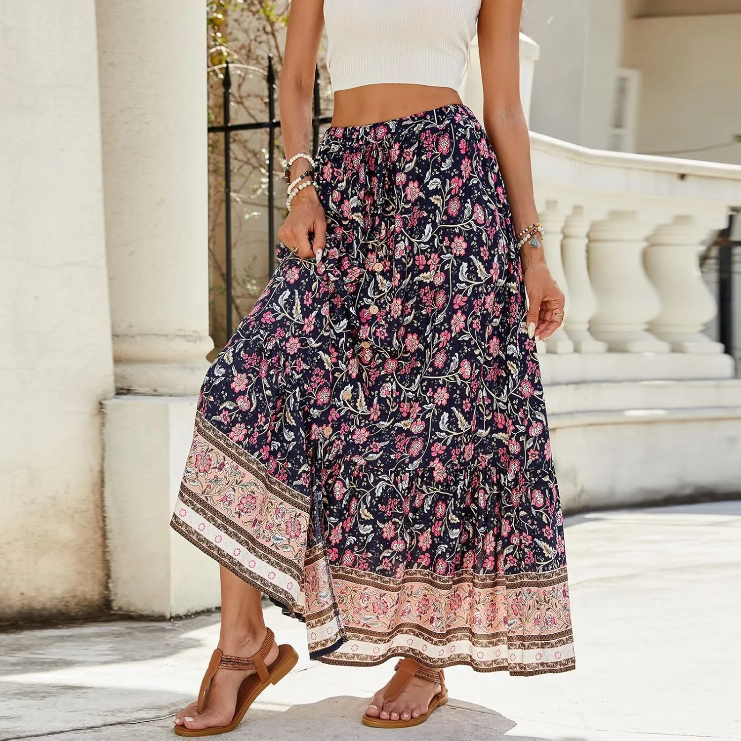 Women's Skirts,Formal Wrap Drawstring Tiered Long Boho Skirt Spring Summer Flowy Maxi Skirts for Women 2025 Trendy