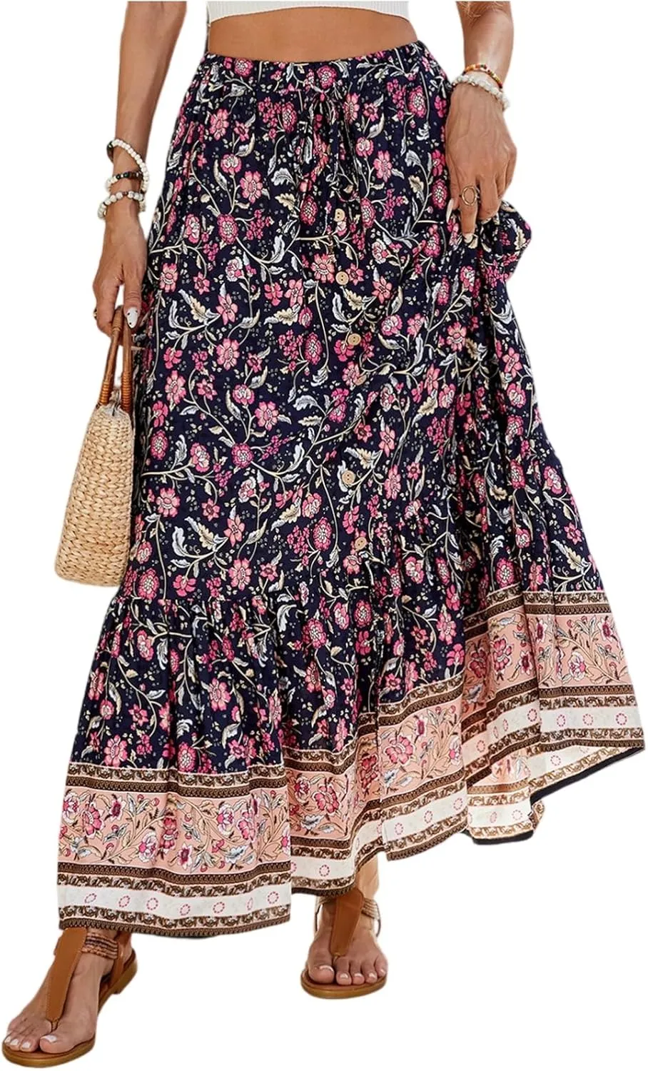 Women's Skirts,Formal Wrap Drawstring Tiered Long Boho Skirt Spring Summer Flowy Maxi Skirts for Women 2025 Trendy