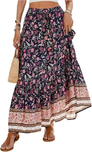 Women's Skirts,Formal Wrap Drawstring Tiered Long Boho Skirt Spring Summer Flowy Maxi Skirts for Women 2025 Trendy