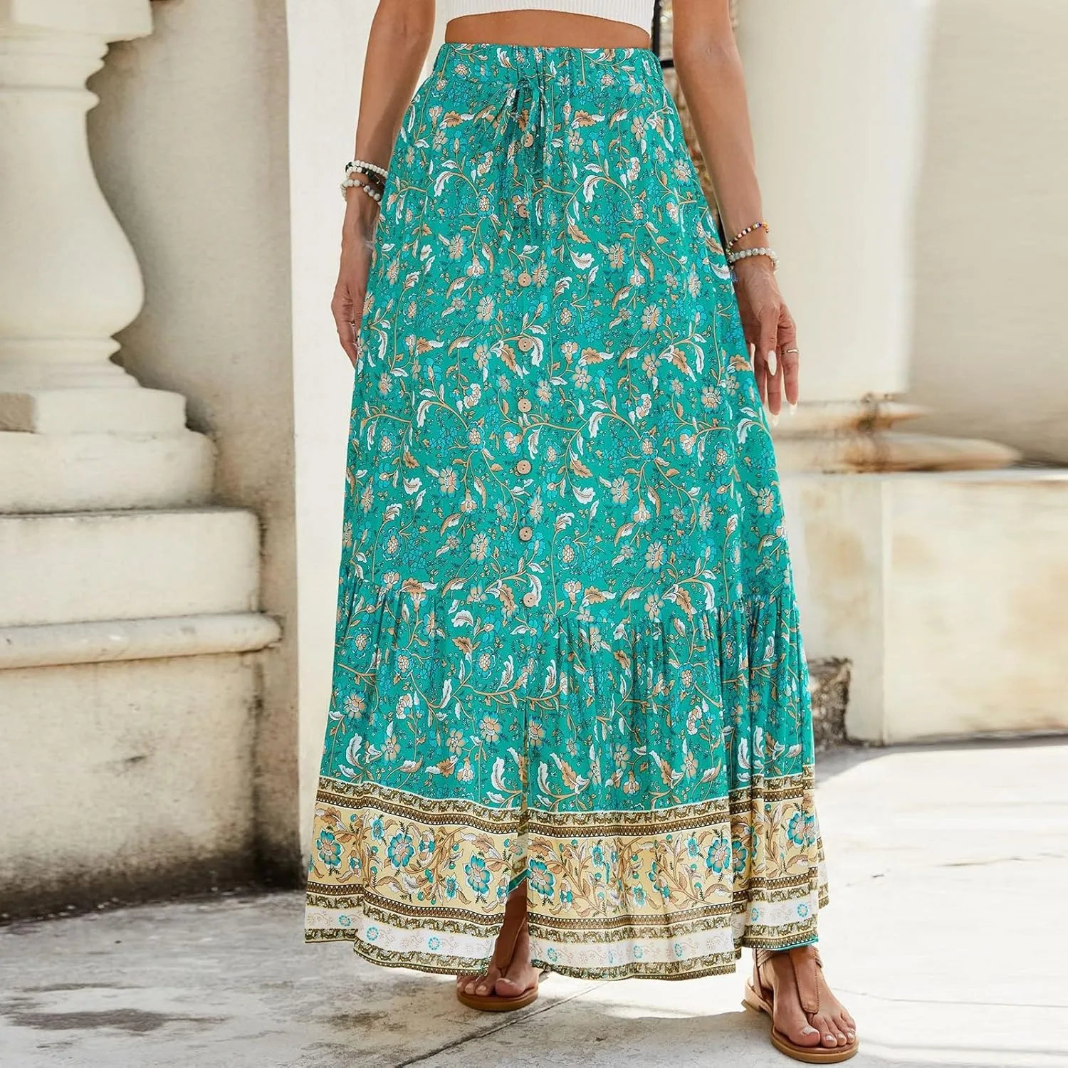 Women's Skirts,Formal Wrap Drawstring Tiered Long Boho Skirt Spring Summer Flowy Maxi Skirts for Women 2025 Trendy