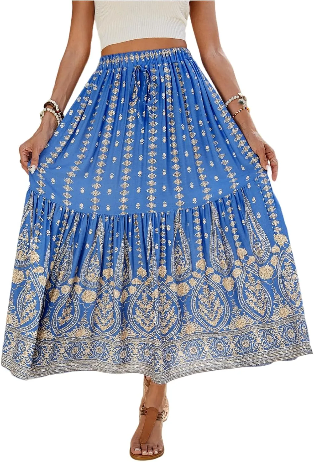 Women's Skirts,Formal Wrap Drawstring Tiered Long Boho Skirt Spring Summer Flowy Maxi Skirts for Women 2025 Trendy
