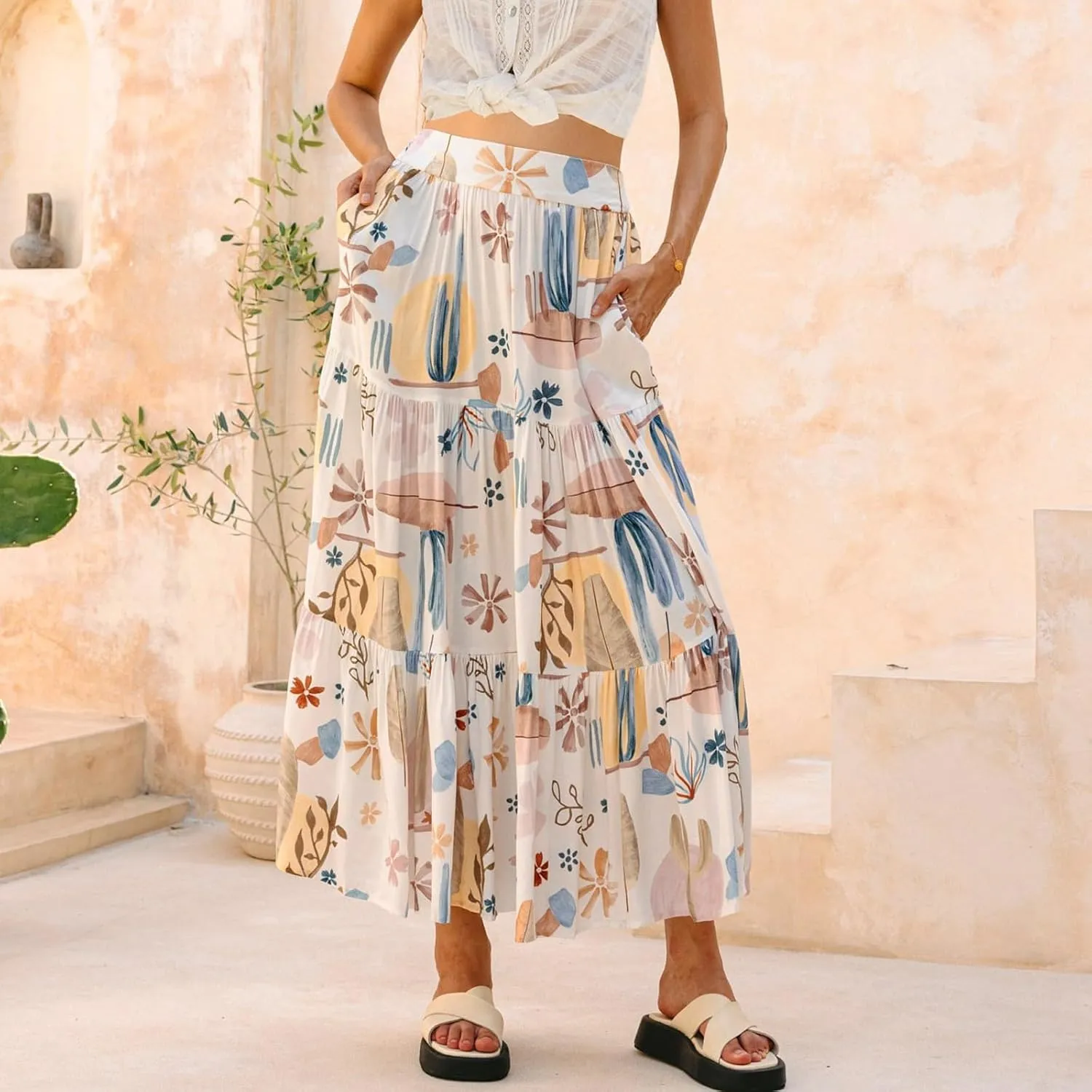 Women's Skirts,Wrap Tiered Flowy Maxi Skirts for Women 2025 Trendy Long Boho Skirt Spring Summer Holiday