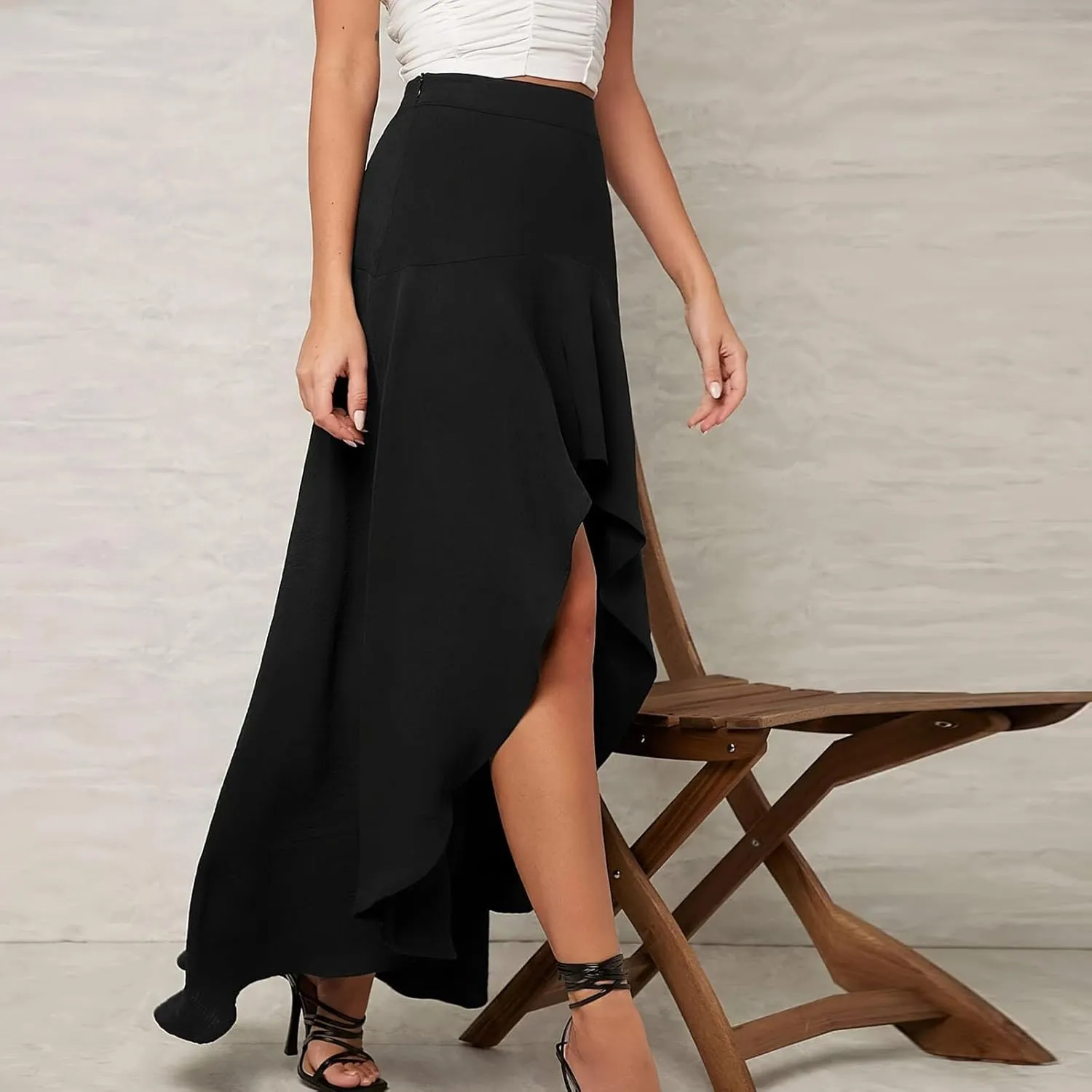 Women's Slit Split Ruffle Long Skirts Asymmetrical Hem Elastic High Waisted Summer Pleated Swing Flowy Maxi Skirt