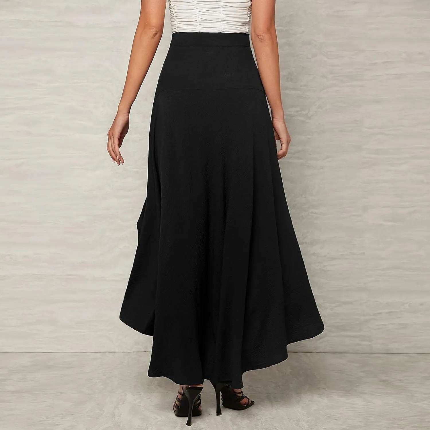 Women's Slit Split Ruffle Long Skirts Asymmetrical Hem Elastic High Waisted Summer Pleated Swing Flowy Maxi Skirt