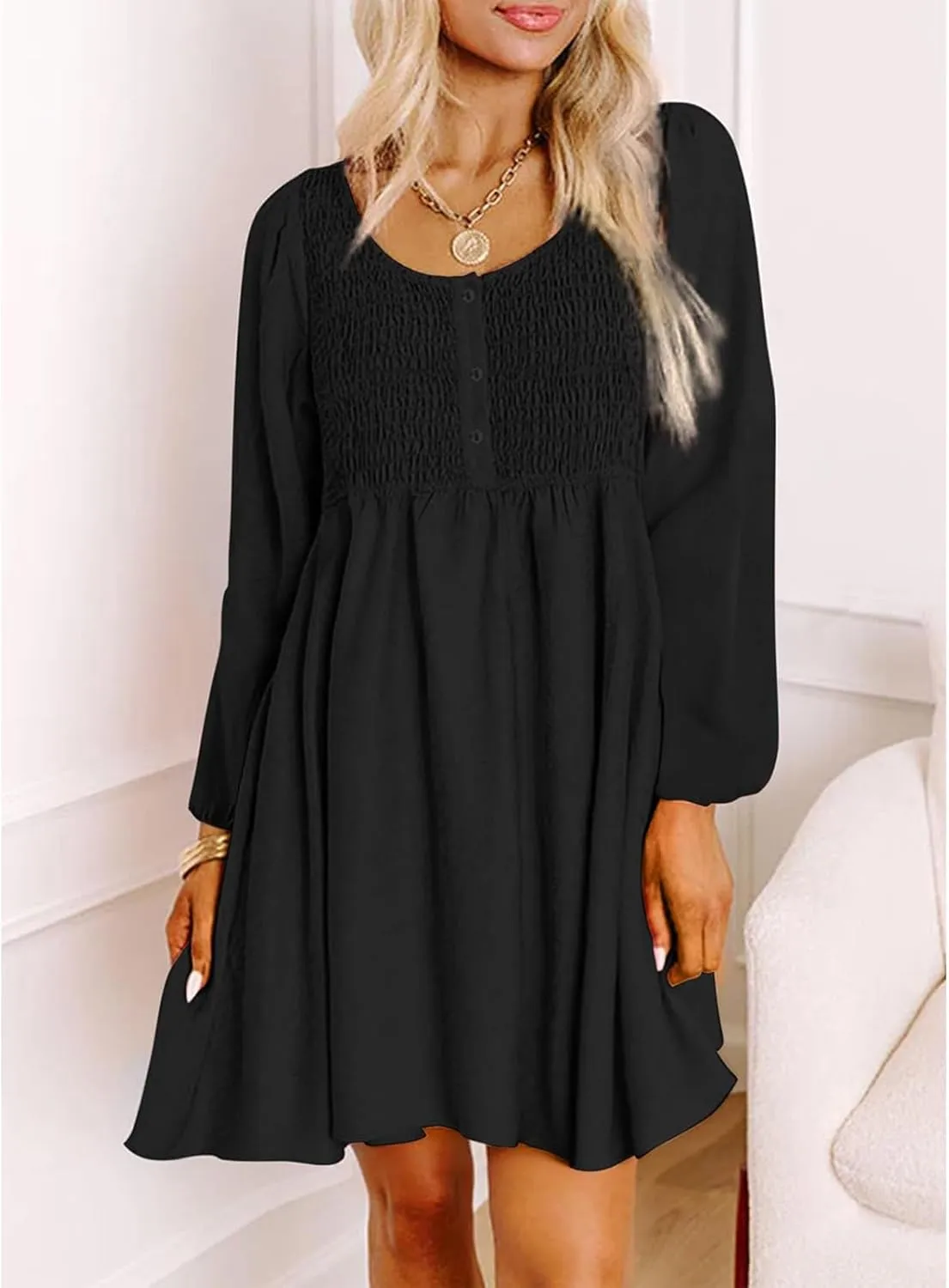 Womens Smocked Crewneck Button Up Long Sleeve Empire Waist A-Line Mini Dress 2025 Casual Swing Dresses
