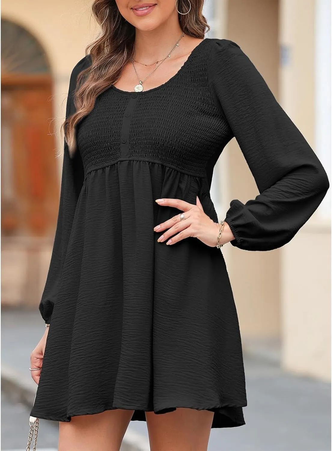 Womens Smocked Crewneck Button Up Long Sleeve Empire Waist A-Line Mini Dress 2025 Casual Swing Dresses