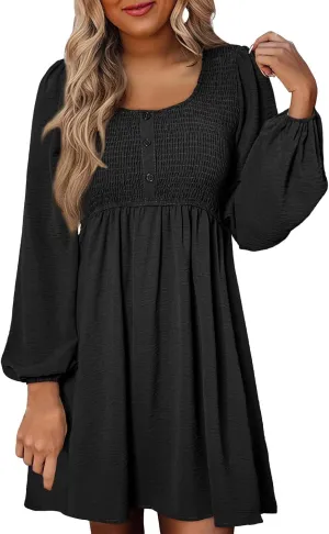 Womens Smocked Crewneck Button Up Long Sleeve Empire Waist A-Line Mini Dress 2025 Casual Swing Dresses