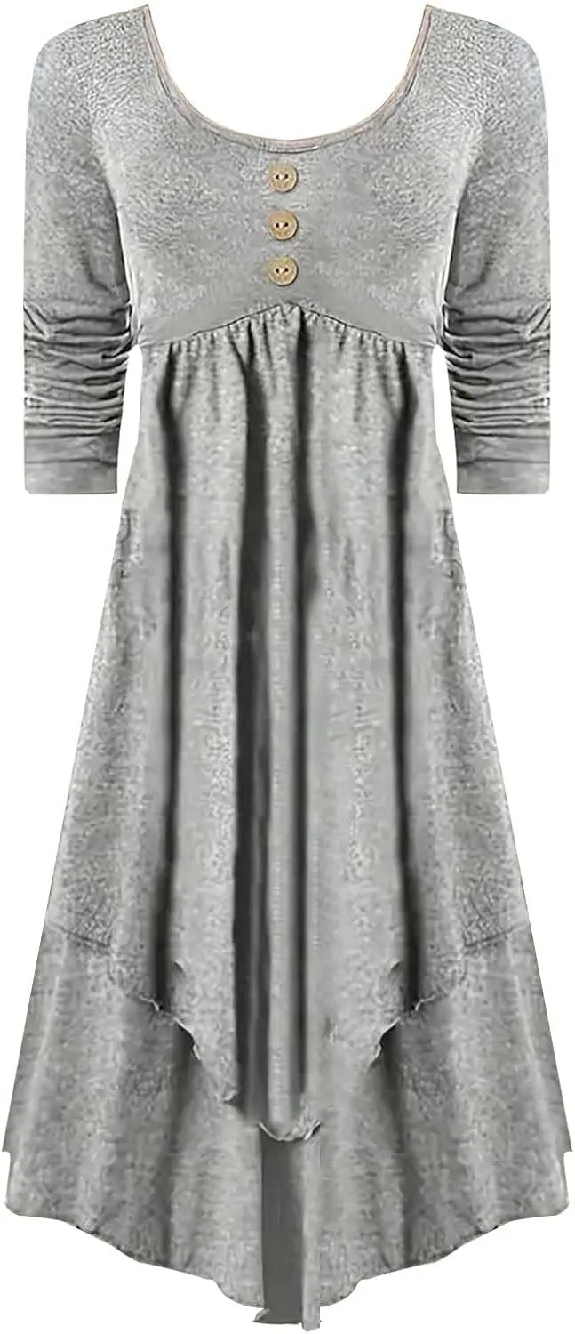 Womens Smocked Crewneck Button Up Long Sleeve Empire Waist A-Line Mini Dress 2025 Casual Swing Dresses
