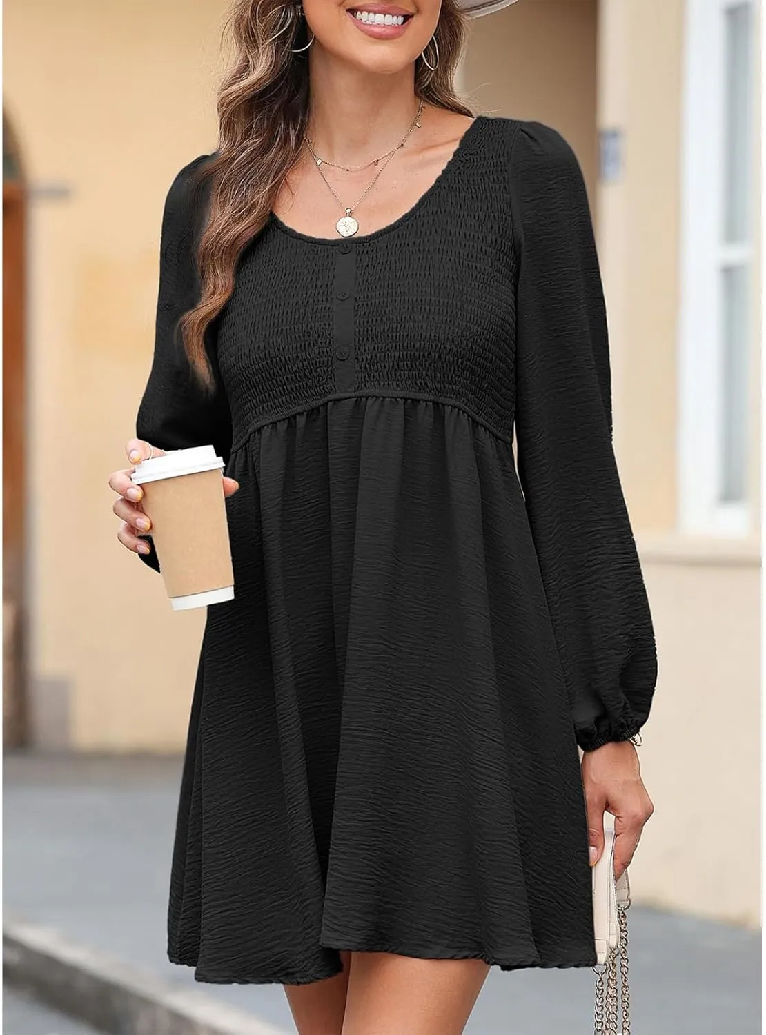 Womens Smocked Crewneck Button Up Long Sleeve Empire Waist A-Line Mini Dress 2025 Casual Swing Dresses