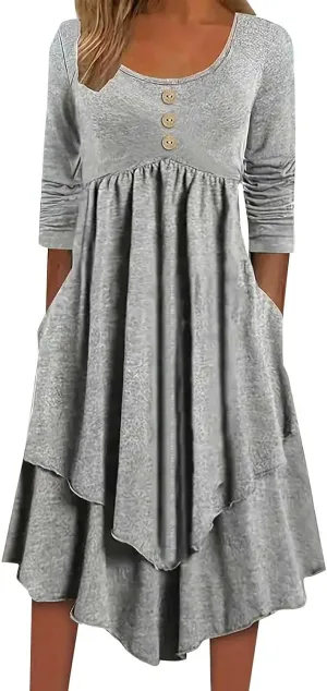 Womens Smocked Crewneck Button Up Long Sleeve Empire Waist A-Line Mini Dress 2025 Casual Swing Dresses