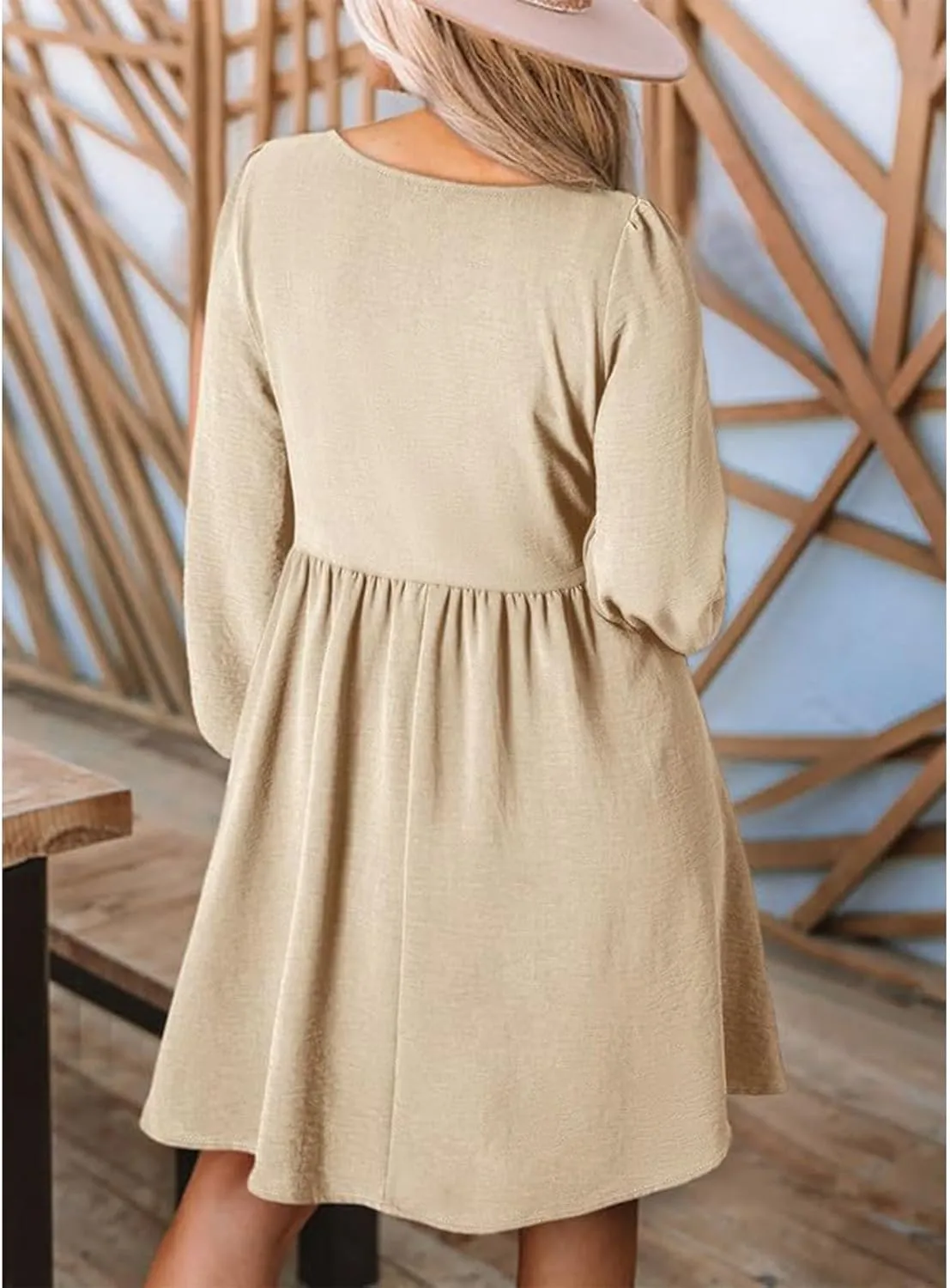 Womens Smocked Crewneck Button Up Long Sleeve Empire Waist A-Line Mini Dress 2025 Casual Swing Dresses