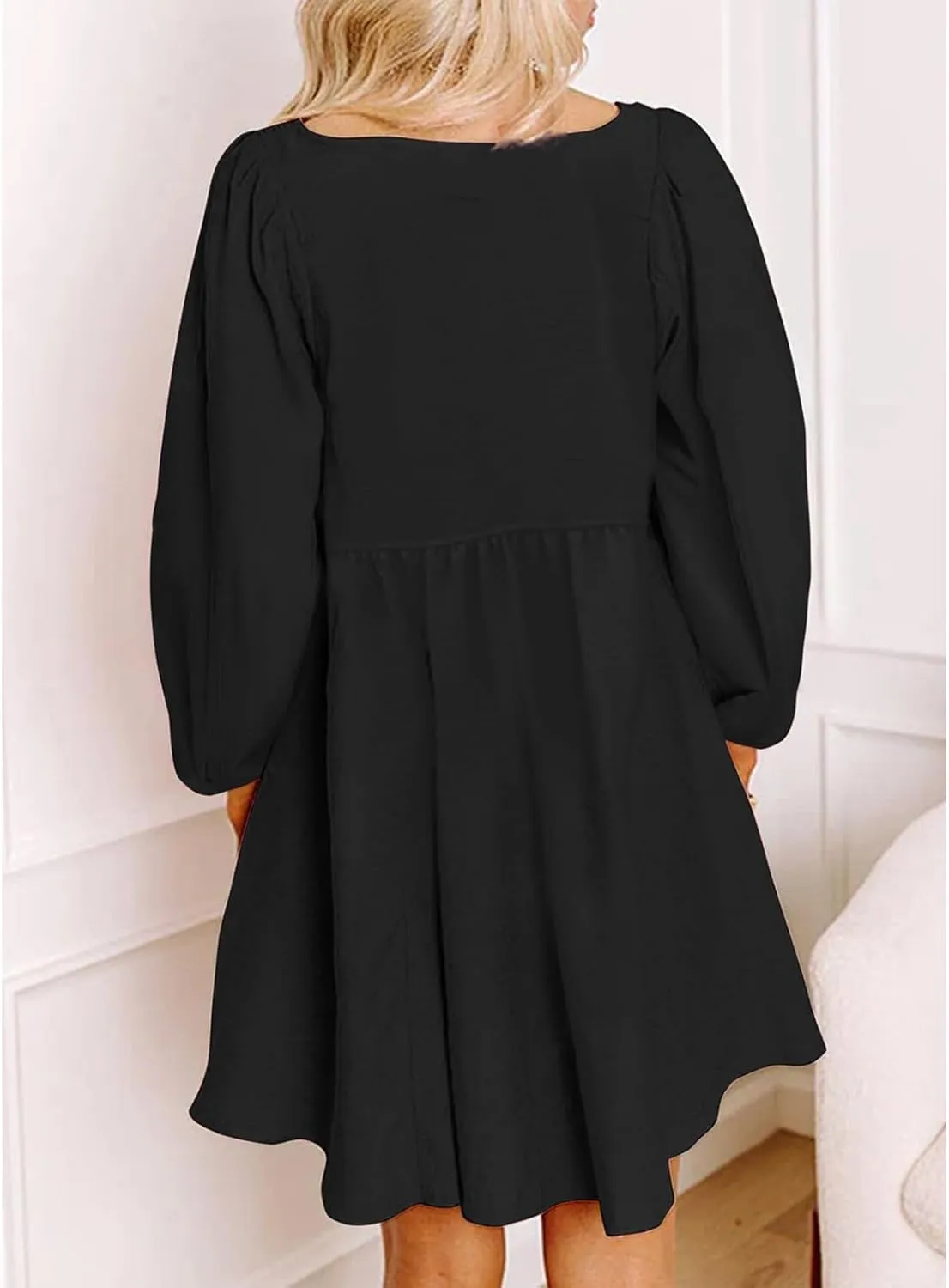 Womens Smocked Crewneck Button Up Long Sleeve Empire Waist A-Line Mini Dress 2025 Casual Swing Dresses