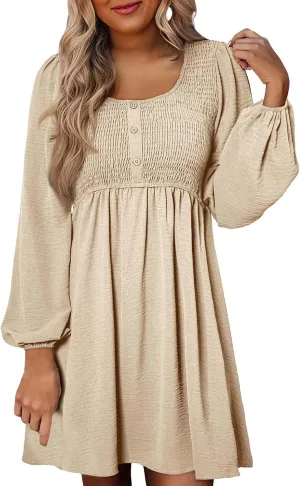 Womens Smocked Crewneck Button Up Long Sleeve Empire Waist A-Line Mini Dress 2025 Casual Swing Dresses