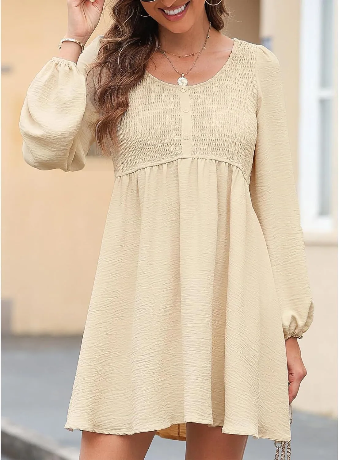 Womens Smocked Crewneck Button Up Long Sleeve Empire Waist A-Line Mini Dress 2025 Casual Swing Dresses