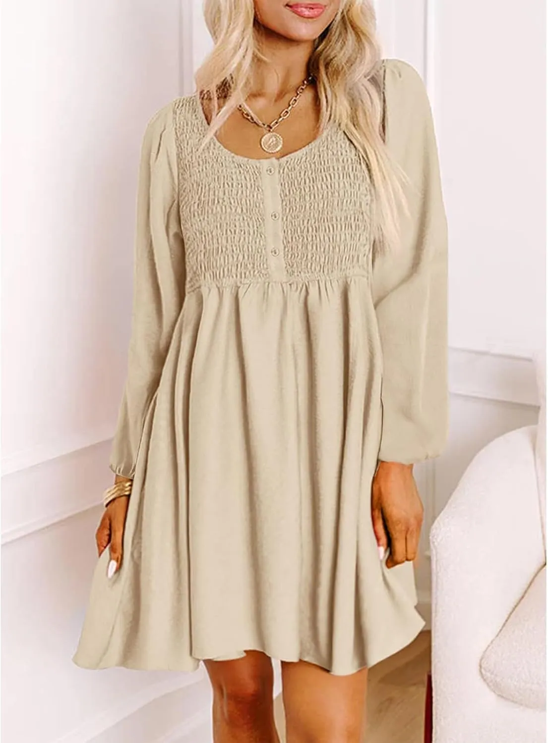 Womens Smocked Crewneck Button Up Long Sleeve Empire Waist A-Line Mini Dress 2025 Casual Swing Dresses