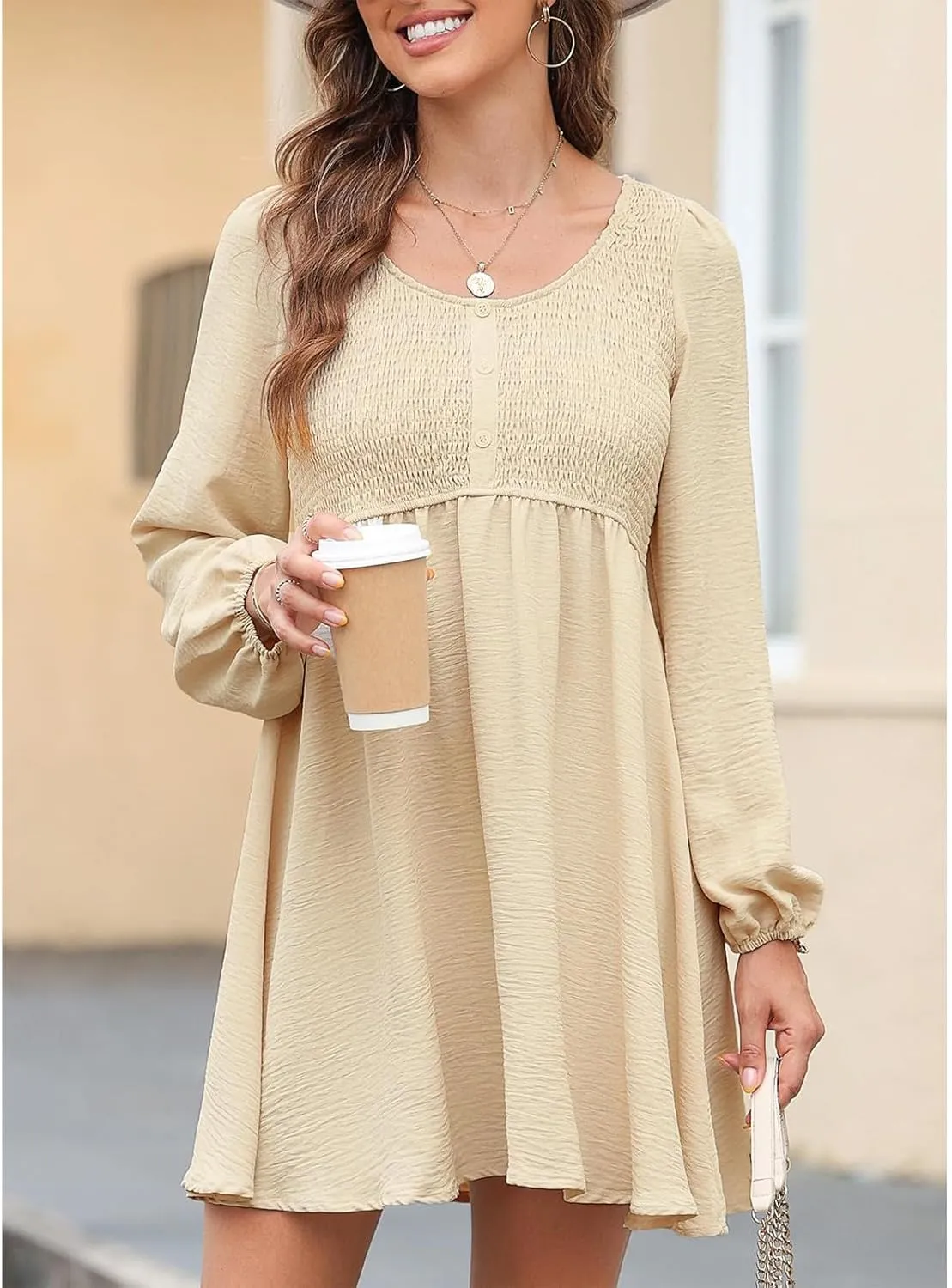 Womens Smocked Crewneck Button Up Long Sleeve Empire Waist A-Line Mini Dress 2025 Casual Swing Dresses