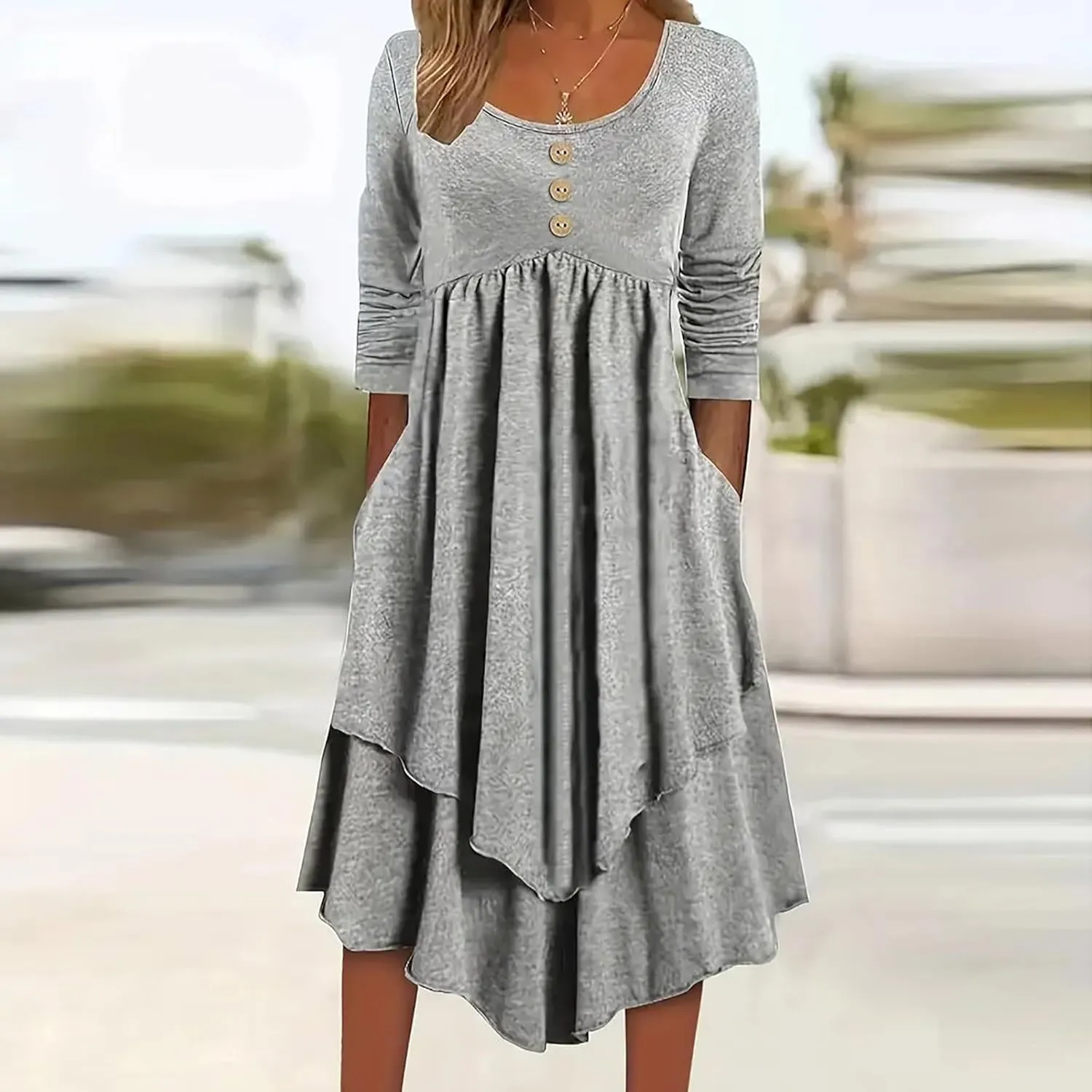 Womens Smocked Crewneck Button Up Long Sleeve Empire Waist A-Line Mini Dress 2025 Casual Swing Dresses