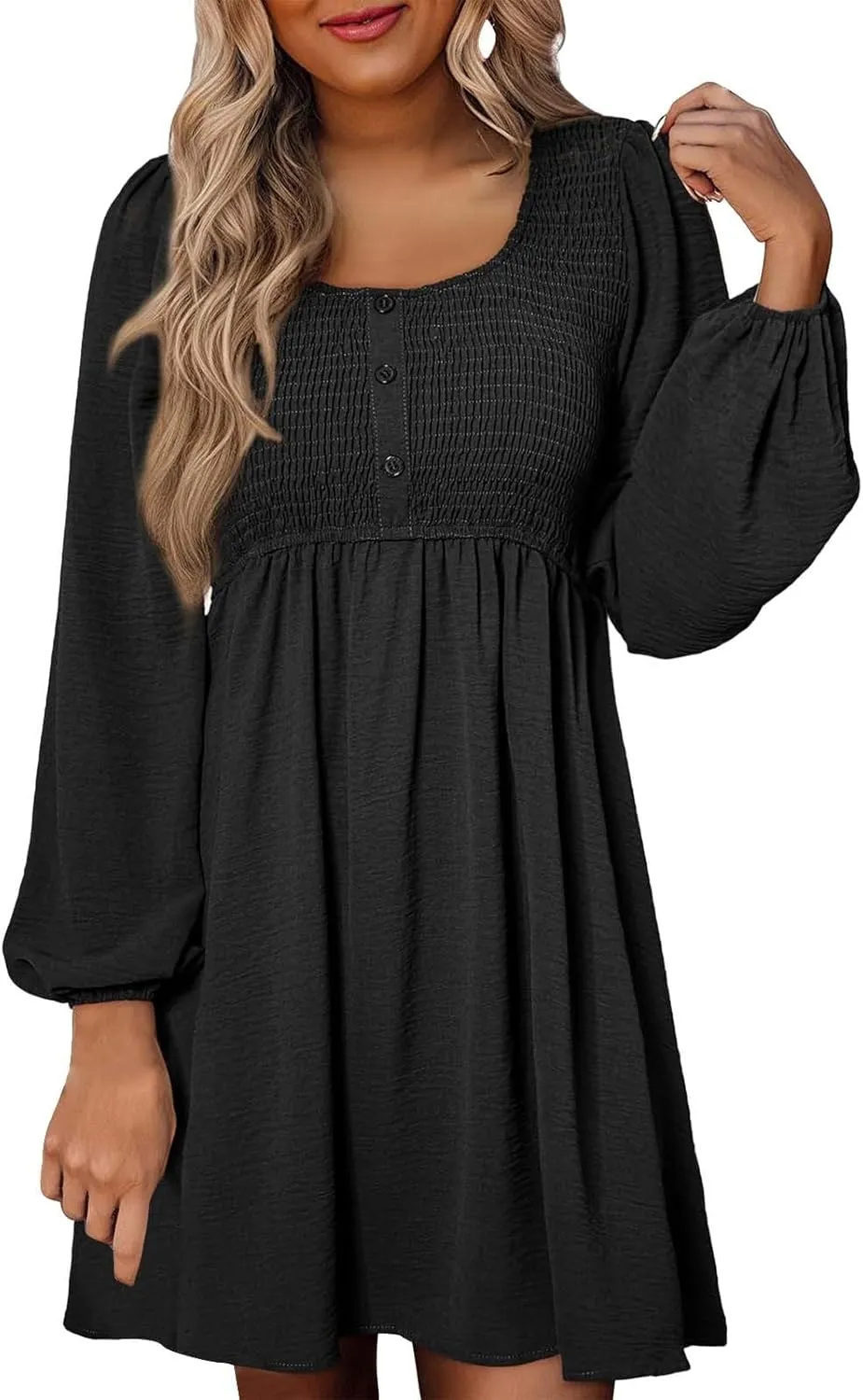 Womens Smocked Crewneck Button Up Long Sleeve Empire Waist A-Line Mini Dress 2025 Casual Swing Dresses