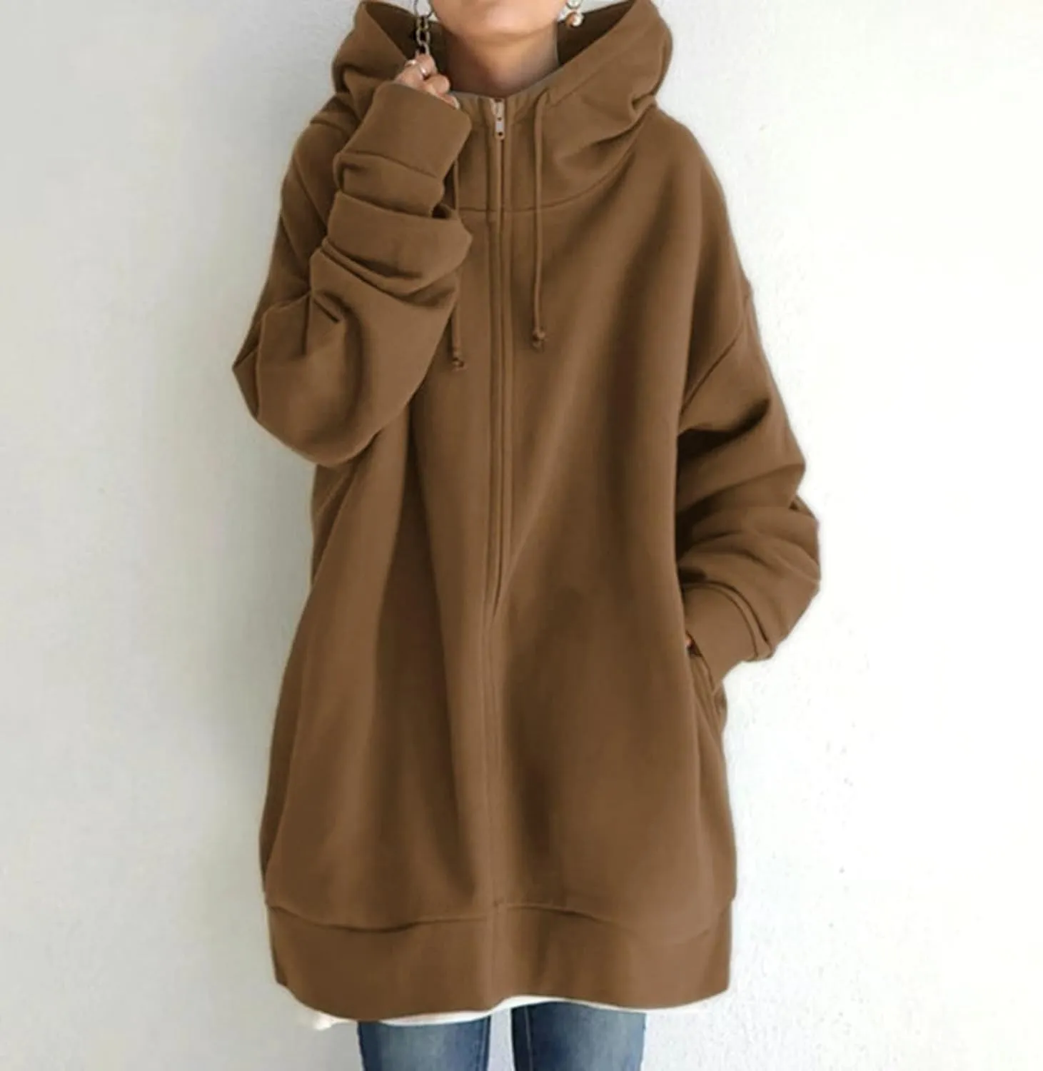 Womens Solid Color Street Style Hooded Long Zipper Sweatshirt With Fleece Long Loose Sweatshirts Women