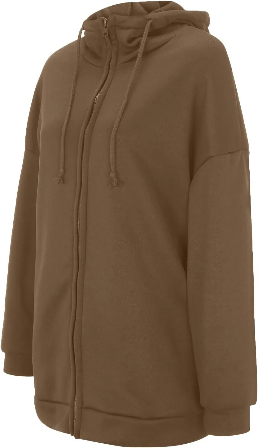 Womens Solid Color Street Style Hooded Long Zipper Sweatshirt With Fleece Long Loose Sweatshirts Women