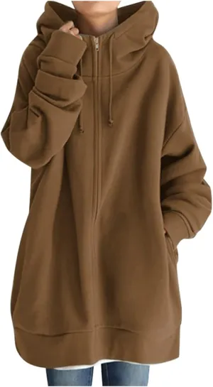 Womens Solid Color Street Style Hooded Long Zipper Sweatshirt With Fleece Long Loose Sweatshirts Women