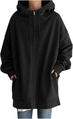Womens Solid Color Street Style Hooded Long Zipper Sweatshirt With Fleece Oversized Hoodie Sweatshirt