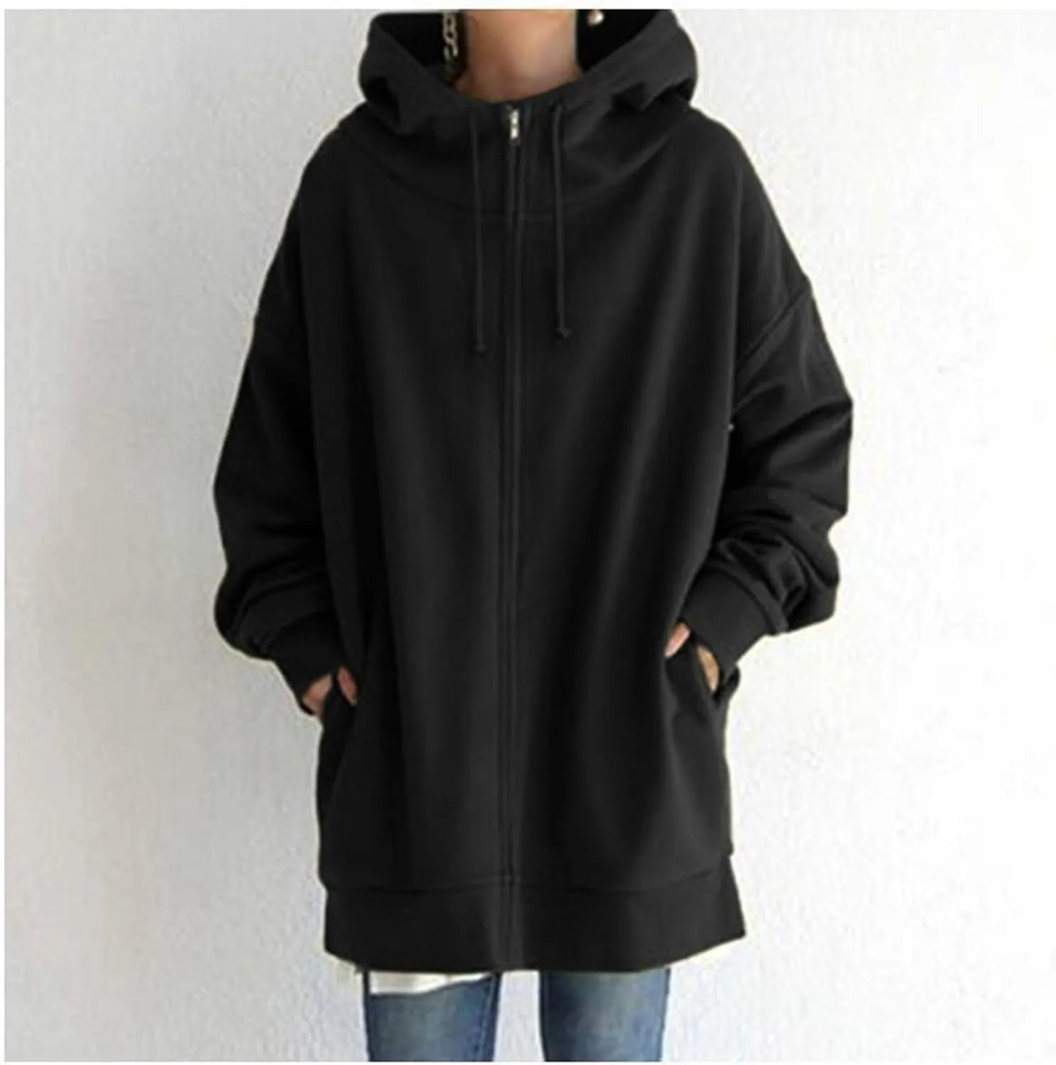 Womens Solid Color Street Style Hooded Long Zipper Sweatshirt With Fleece Oversized Hoodie Sweatshirt