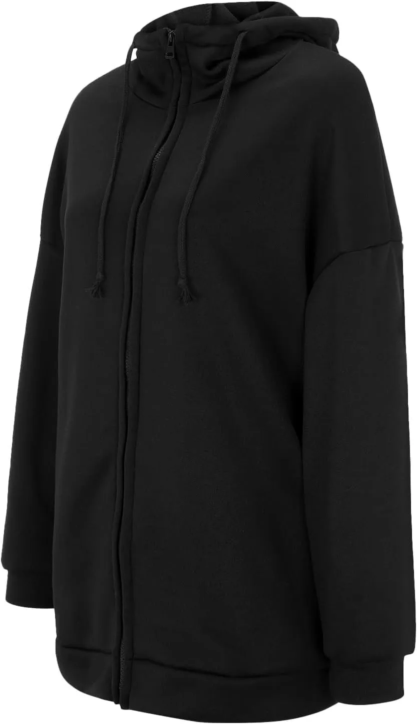 Womens Solid Color Street Style Hooded Long Zipper Sweatshirt With Fleece Oversized Hoodie Sweatshirt