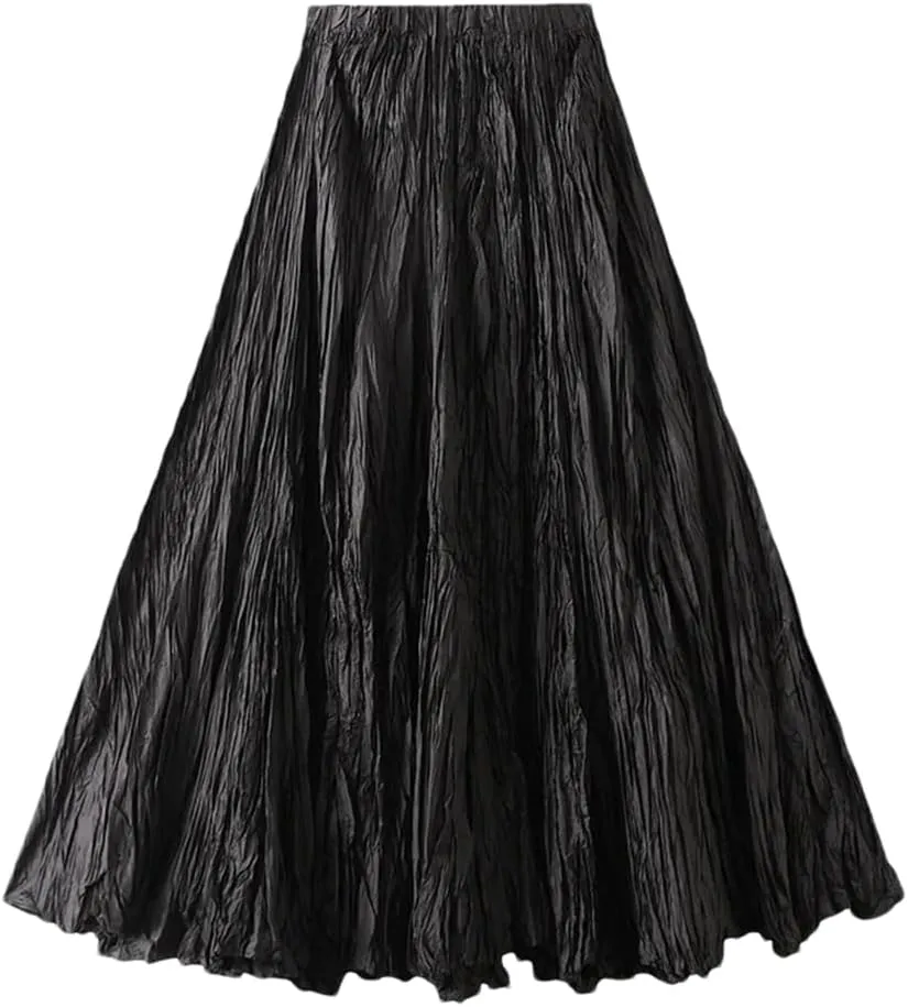 Womens Solid Loose Casual Pleated Long Skirts High Waist Beach Vacation Skirts